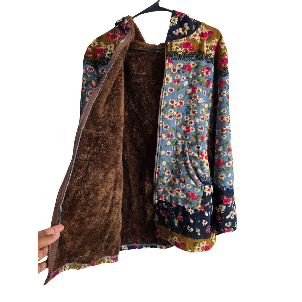 Boho Floral Patchwork Sherpa Fleece Lined Zip Up Hooded Jacket Plus Size 3XL
